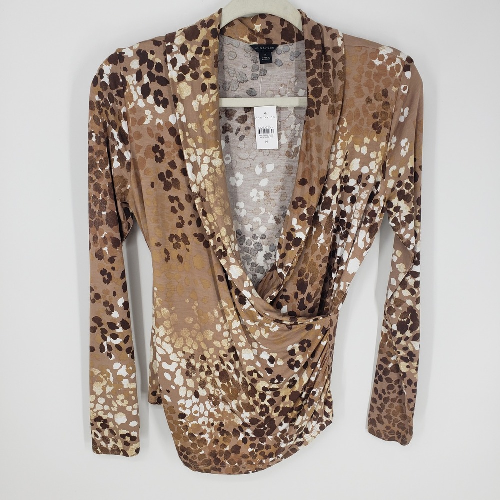 Ann Taylor Animal Print Wrap Top Womens M Brown Long Sleeve Ruched Modal Stretch
